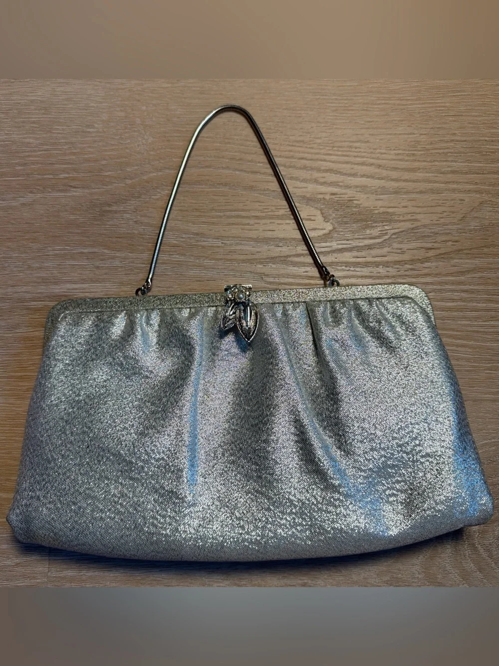 Vintage 1960s Silver Lamé Evening Clutch Bag with Structured Metal Top Handle